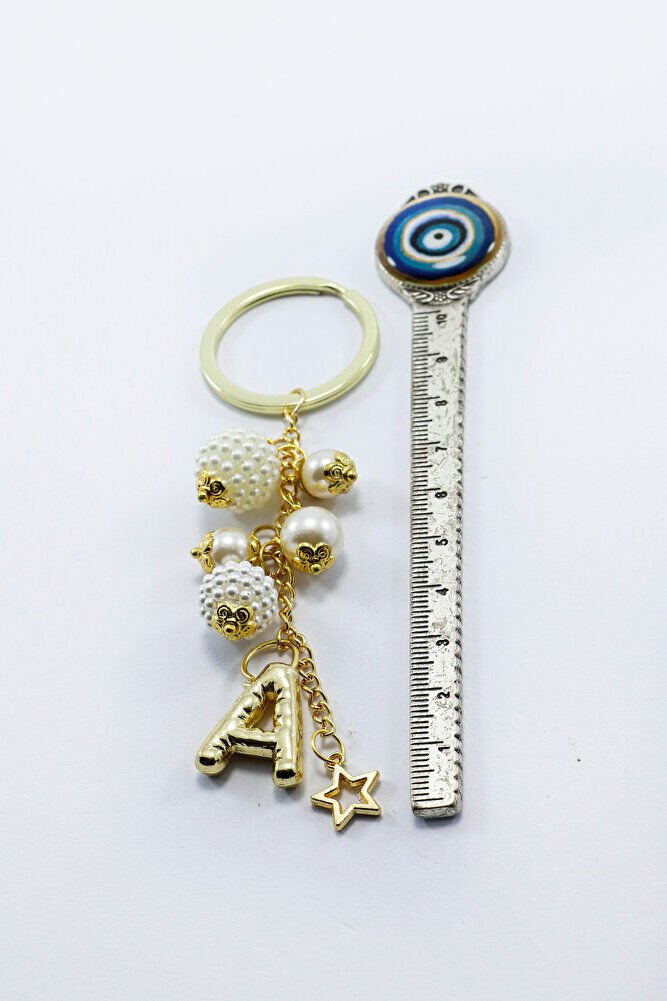 İncili Bombeli Metal A Harfli Dikiz Ayna Süsü, Kişiye Özel Gold Renkli Yeni Araba Hediyesi