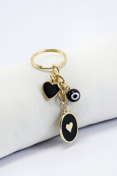Siyah Cam Nazar Boncuğu Gold Siyah Metal Kalp Küçük Anahtarlık,Minik Çanta Süsü