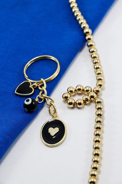 Siyah Cam Nazar Boncuğu Gold Siyah Metal Kalp Küçük Anahtarlık,Minik Çanta Süsü