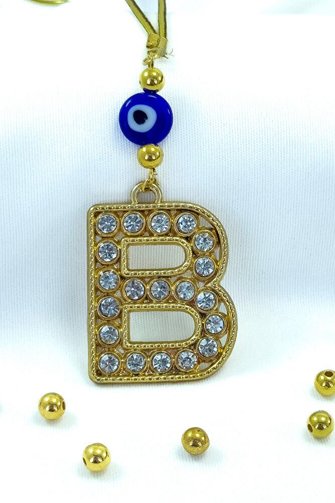 Gold Renkli Parlak Taşlı B Harfi Araba Dikiz Ayna Süsü, Hediyelik Araba Süsü