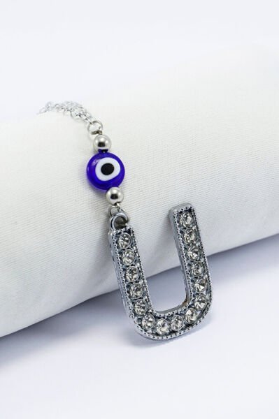 Kristal Taşlı U Harfi Metalik Renk Araba Dikiz Ayna Süsü, Hediyelik Nazar Boncuklu Araba Süsü