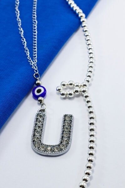 Kristal Taşlı U Harfi Metalik Renk Araba Dikiz Ayna Süsü, Hediyelik Nazar Boncuklu Araba Süsü