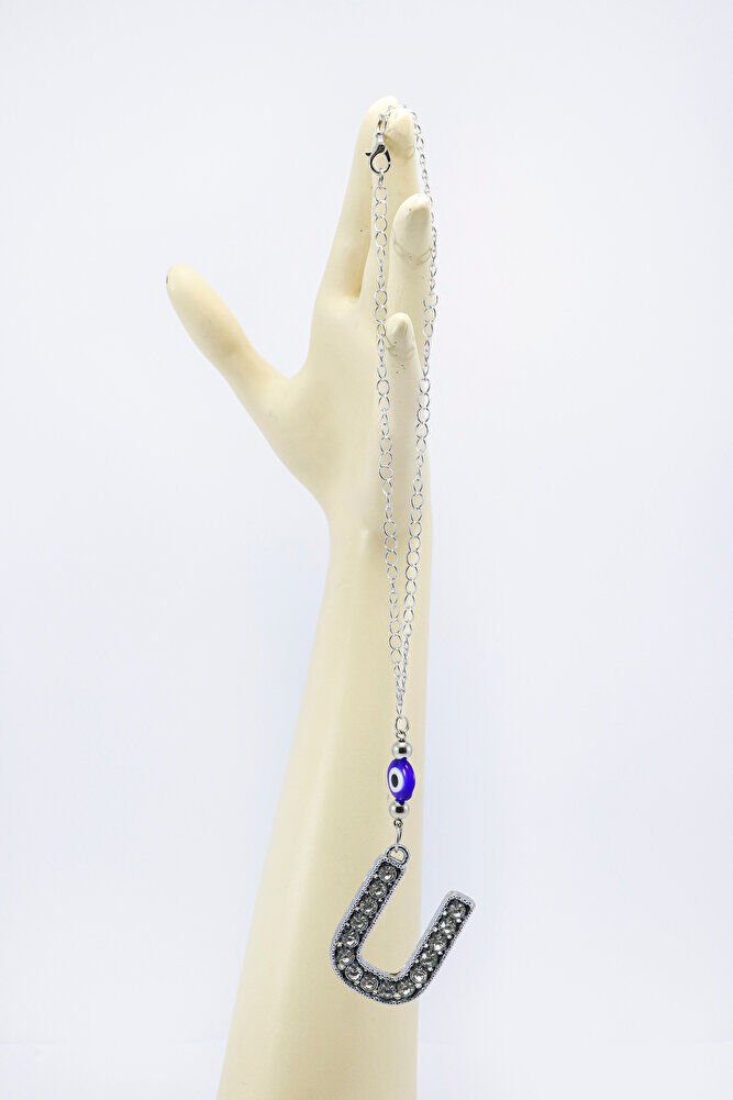 Kristal Taşlı U Harfi Metalik Renk Araba Dikiz Ayna Süsü, Hediyelik Nazar Boncuklu Araba Süsü