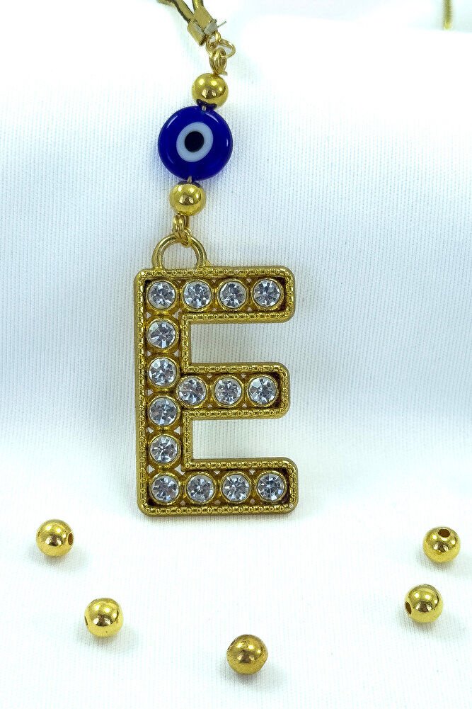 Gold Renkli Parlak Taşlı E Harfi Araba Dikiz Ayna Süsü, Hediyelik Araba Süsü