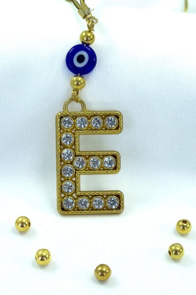 Gold Renkli Parlak Taşlı E Harfi Araba Dikiz Ayna Süsü, Hediyelik Araba Süsü