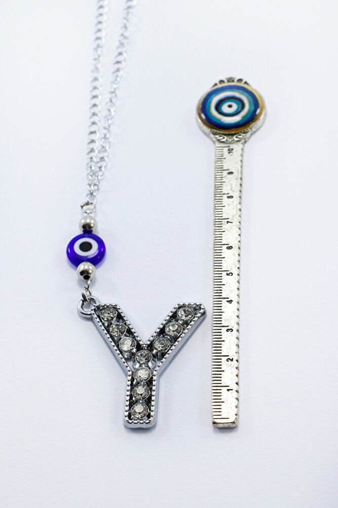 Kristal Taşlı Y Harfi Metalik Renk Araba Dikiz Ayna Süsü, Hediyelik Nazar Boncuklu Araba Süsü