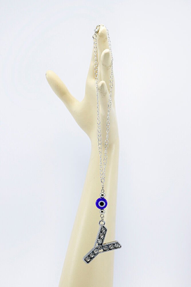 Kristal Taşlı Y Harfi Metalik Renk Araba Dikiz Ayna Süsü, Hediyelik Nazar Boncuklu Araba Süsü