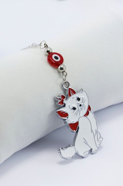 Kırmızı Yassı Nazar Boncuğu Metal Beyaz Kediciki Araba Süsü, Dikiz Ayna Süsü