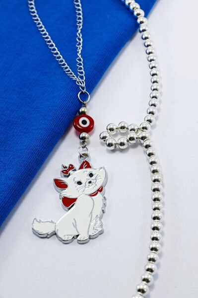 Kırmızı Yassı Nazar Boncuğu Metal Beyaz Kediciki Araba Süsü, Dikiz Ayna Süsü