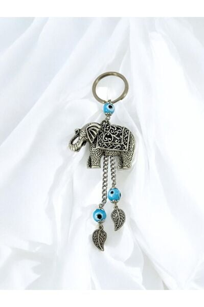 Özel Tasarım Nazarlı Metal Fil Salkım Yaprak Anahtarlık, Fil Sembollü Hediyelik Anahtarlık