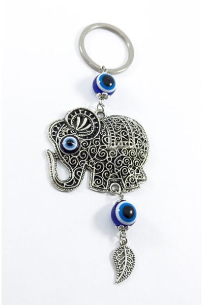 Özel Tasarım Nazarlı Metal Fil Salkım Yaprak Anahtarlık, Fil Sembollü Hediyelik Anahtarlık