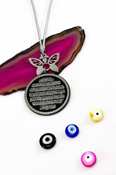 Siyah, Kelebek Aksesuarlı Komple Çelik Çift Taraflı Ayetel Kürsi Nazar Ayeti Araba Dikiz Ayna Süsü