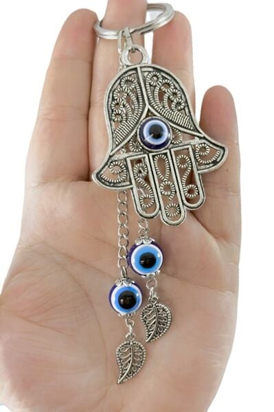 Özel Tasarım Nazarlı Metal Hamse Salkım Zincir Anahtarlık, Metal Yapraklı Hediyelik Anahtarlık