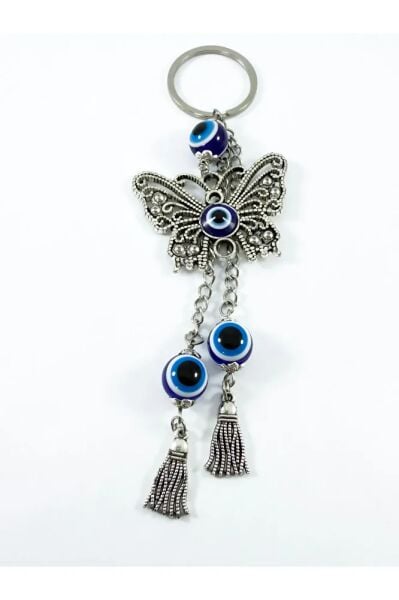Özel Tasarım Nazarlı Metal Kelebek Salkım Zincir Anahtarlık, Püsküllü Hediyelik Anahtarlık