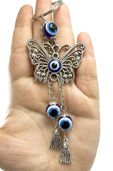 Özel Tasarım Nazarlı Metal Kelebek Salkım Zincir Anahtarlık, Püsküllü Hediyelik Anahtarlık