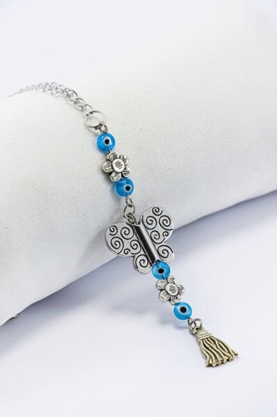 Turkuaz Minik Yassı Nazar Boncuğu Metal Püsküllü Kelebekli Araba Süsü, Dikiz Ayna Süsü