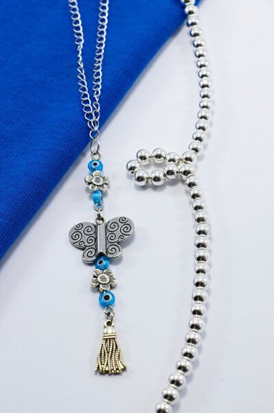 Turkuaz Minik Yassı Nazar Boncuğu Metal Püsküllü Kelebekli Araba Süsü, Dikiz Ayna Süsü