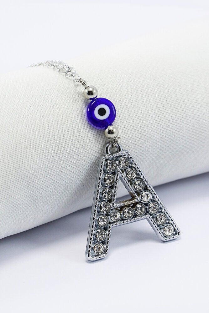 Kristal Taşlı A Harfi Metalik Renk Araba Dikiz Ayna Süsü, Hediyelik Nazar Boncuklu Araba Süsü