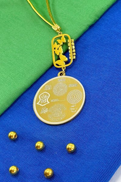 Parlak Taşlı Kelebek Aksesuarlı Ayetel Kürsi Hilye-i Şerif Komple Paslanmaz Çelik Araba Ayna Süsü