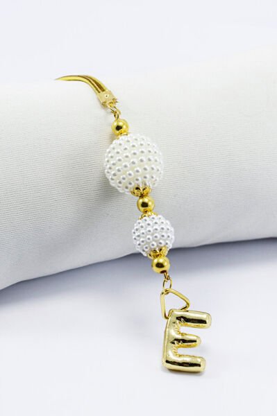 İncili Bombeli Metal E Harfli Dikiz Ayna Süsü, Kişiye Özel Gold Renkli Yeni Araba Hediyesi