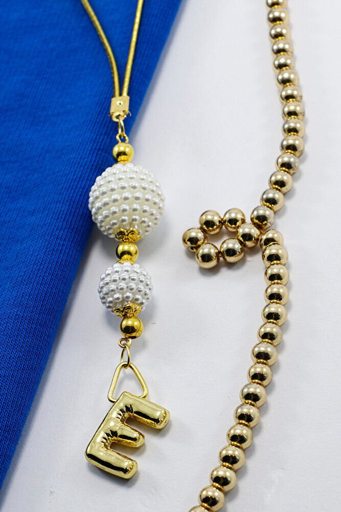 İncili Bombeli Metal E Harfli Dikiz Ayna Süsü, Kişiye Özel Gold Renkli Yeni Araba Hediyesi