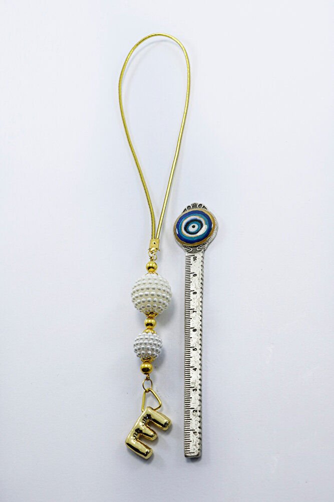 İncili Bombeli Metal E Harfli Dikiz Ayna Süsü, Kişiye Özel Gold Renkli Yeni Araba Hediyesi