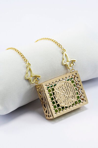 Metal Kelebekli Metal Kaplı Minyatür Yeşil Kur' an-ı Kerim Araba Dikiz Ayna Süsü