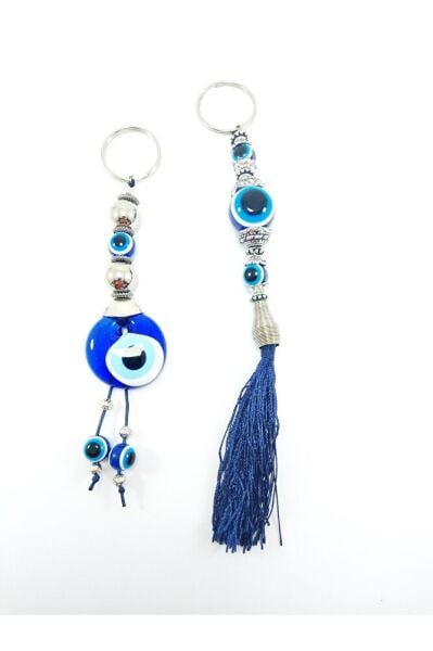 Nazar Boncuğu Anahtarlık / Dikiz Ayna Süsü Metalik Boncuklu Cam Hediyelik Aksesuar Ikili Set