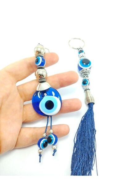 Nazar Boncuğu Anahtarlık / Dikiz Ayna Süsü Metalik Boncuklu Cam Hediyelik Aksesuar Ikili Set