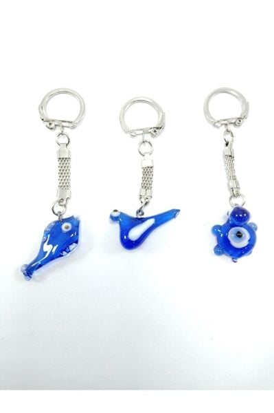 Cam Nazar Boncuğu Anahtarlık Üçlü Set El Yapımı Kuş + Balık + Kaplumbağa Üçlü Hediyelik Aksesuar