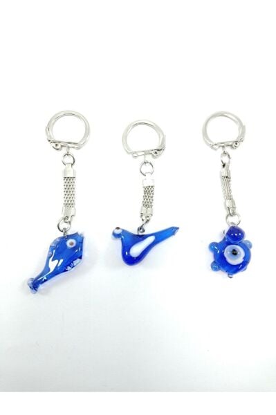 Cam Nazar Boncuğu Anahtarlık Üçlü Set El Yapımı Kuş + Balık + Kaplumbağa Üçlü Hediyelik Aksesuar