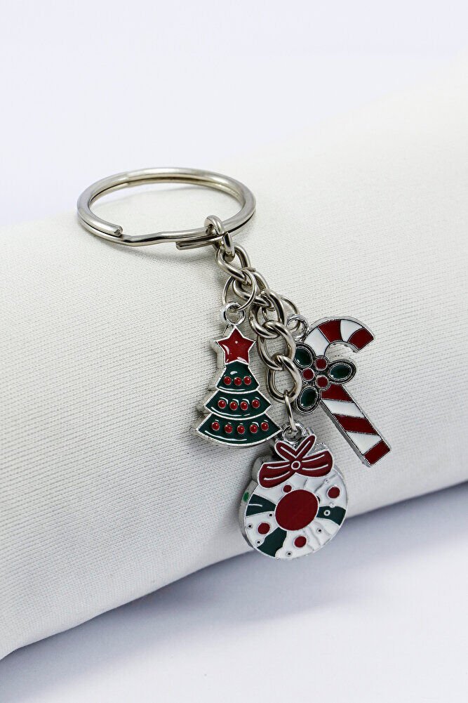 Gümüş Renkli Yılbaşı Temalı Anahtarlık, Hediyelik Christmas Çanta Süsü