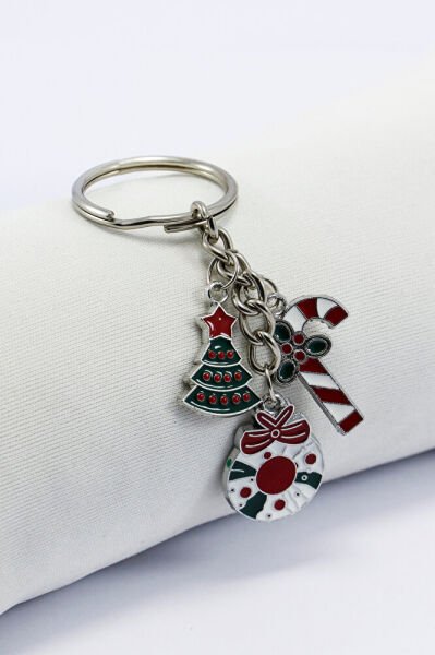 Gümüş Renkli Yılbaşı Temalı Anahtarlık, Hediyelik Christmas Çanta Süsü