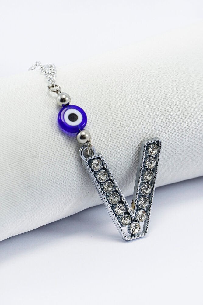 Kristal Taşlı V Harfi Metalik Renk Araba Dikiz Ayna Süsü, Hediyelik Nazar Boncuklu Araba Süsü