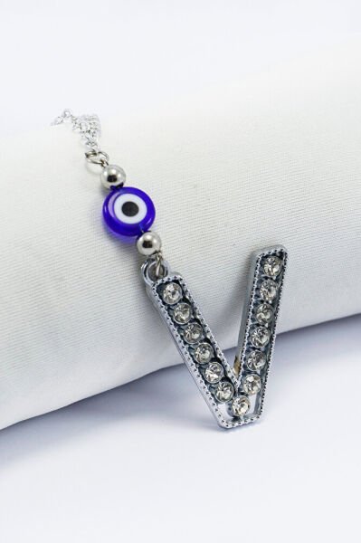 Kristal Taşlı V Harfi Metalik Renk Araba Dikiz Ayna Süsü, Hediyelik Nazar Boncuklu Araba Süsü