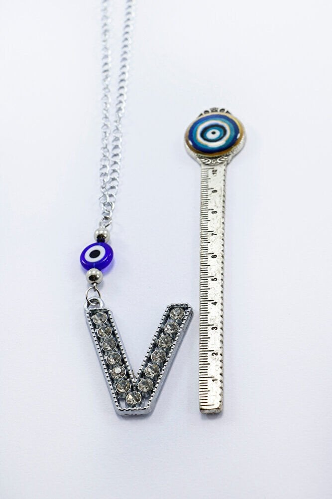 Kristal Taşlı V Harfi Metalik Renk Araba Dikiz Ayna Süsü, Hediyelik Nazar Boncuklu Araba Süsü