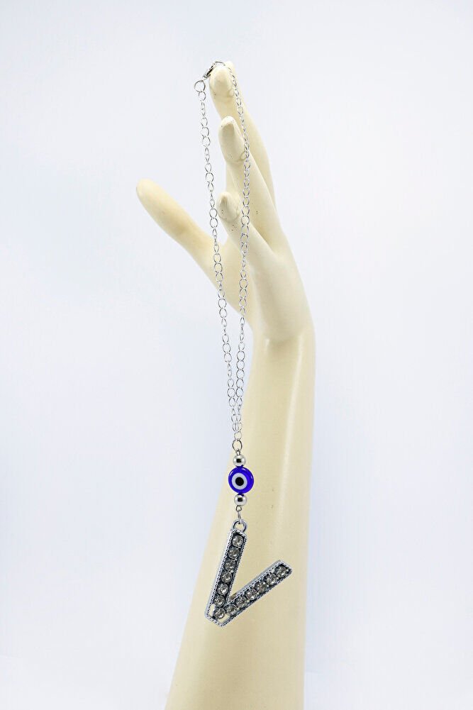 Kristal Taşlı V Harfi Metalik Renk Araba Dikiz Ayna Süsü, Hediyelik Nazar Boncuklu Araba Süsü