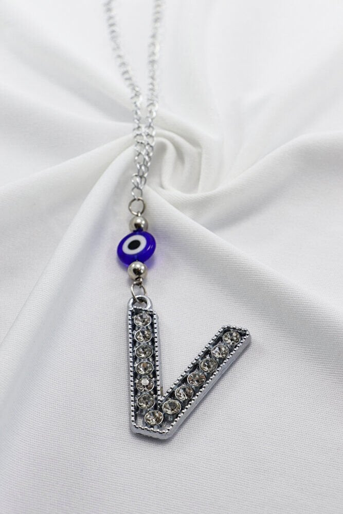 Kristal Taşlı V Harfi Metalik Renk Araba Dikiz Ayna Süsü, Hediyelik Nazar Boncuklu Araba Süsü