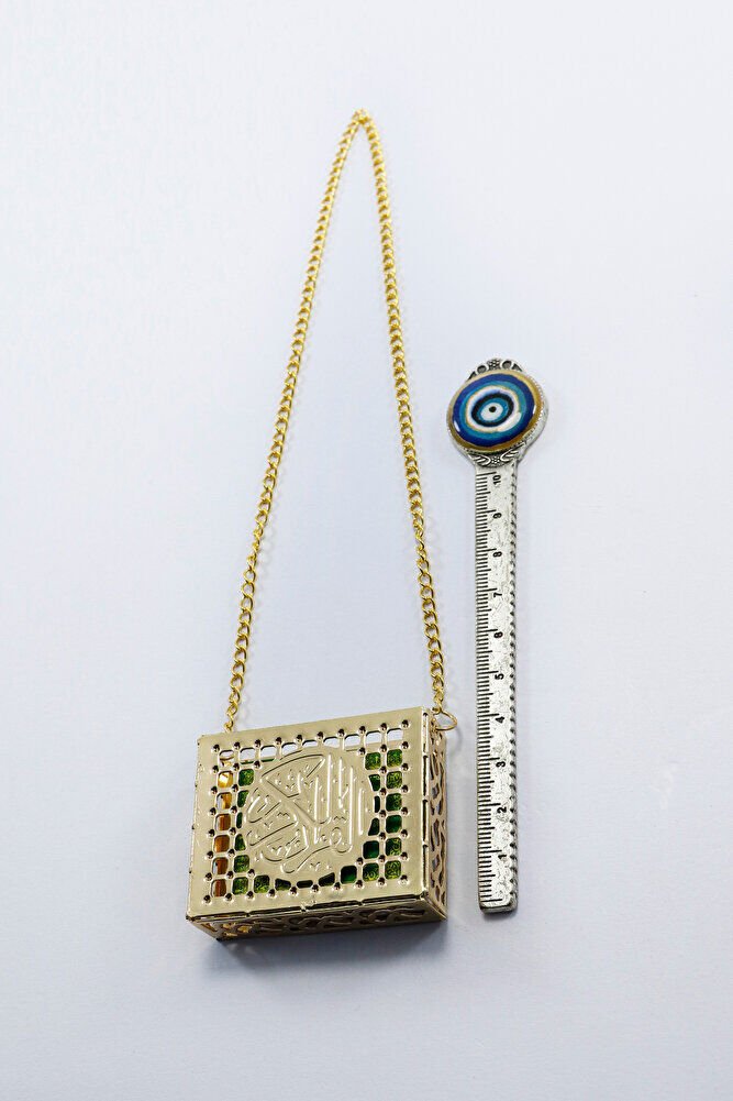 Ajurlu Metal Kaplı Minyatür Kur' an-ı Kerim Araba Dikiz Ayna Süsü, Gold Renkli Lüks Araba Hediyesi