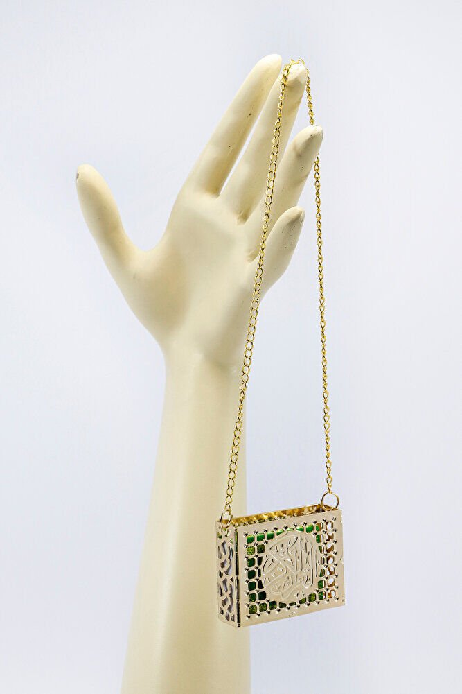 Ajurlu Metal Kaplı Minyatür Kur' an-ı Kerim Araba Dikiz Ayna Süsü, Gold Renkli Lüks Araba Hediyesi