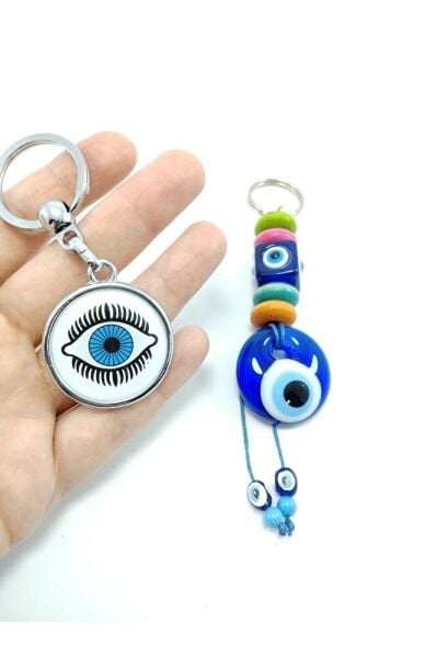 El Yapımı Cam Nazar Boncuğu Anahtarlık Metal Anahtarlık Hediyelik Ikili Set