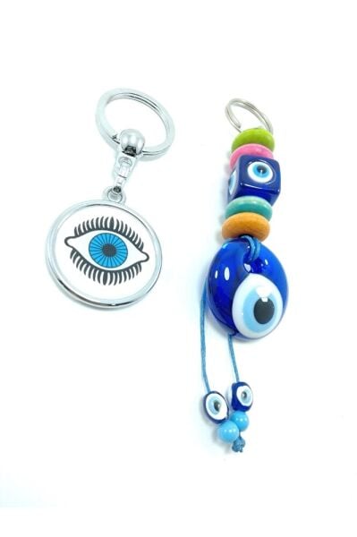El Yapımı Cam Nazar Boncuğu Anahtarlık Metal Anahtarlık Hediyelik Ikili Set