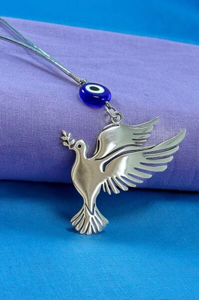 El Yapımı Yassı Cam Nazar Boncuklu Çelik Dal Tutan Kuş Figürü Araba Dikiz Ayna Süsü