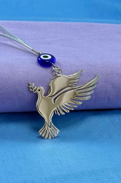 El Yapımı Yassı Cam Nazar Boncuklu Çelik Dal Tutan Kuş Figürü Araba Dikiz Ayna Süsü