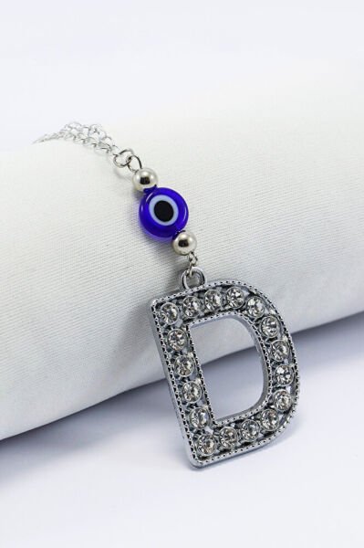 Gümüş Renkli Kristal Taşlı D Harfi Araba Dikiz Ayna Süsü, Hediyelik Nazar Boncuklu Araba Süsü