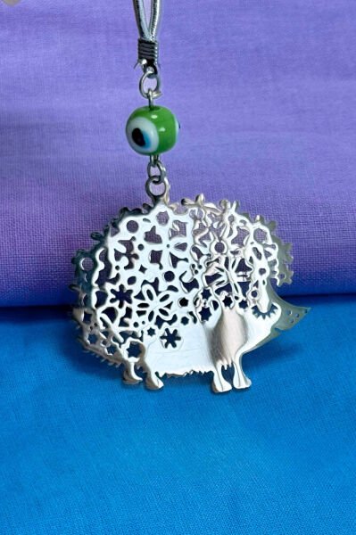 El Yapımı Yeşil Cam Nazar Boncuklu Çelik Sevimli Kirpi Figürü Araba Dikiz Ayna Süsü