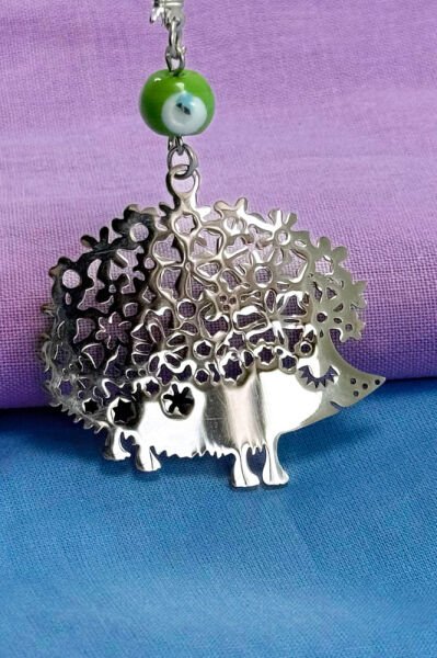 El Yapımı Yeşil Cam Nazar Boncuklu Çelik Sevimli Kirpi Figürü Araba Dikiz Ayna Süsü