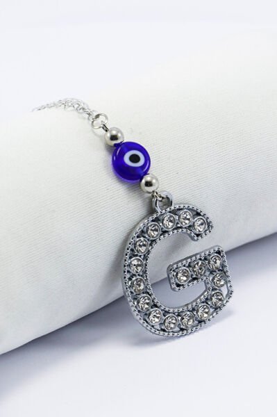 Gümüş Renkli Kristal Taşlı G Harfi Araba Dikiz Ayna Süsü, Nazar Boncklu Hediyelik Araba Süsü