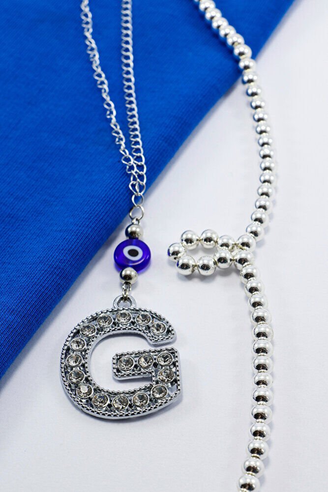 Gümüş Renkli Kristal Taşlı G Harfi Araba Dikiz Ayna Süsü, Nazar Boncklu Hediyelik Araba Süsü