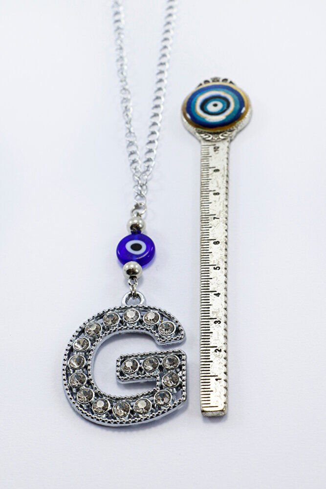 Gümüş Renkli Kristal Taşlı G Harfi Araba Dikiz Ayna Süsü, Nazar Boncklu Hediyelik Araba Süsü